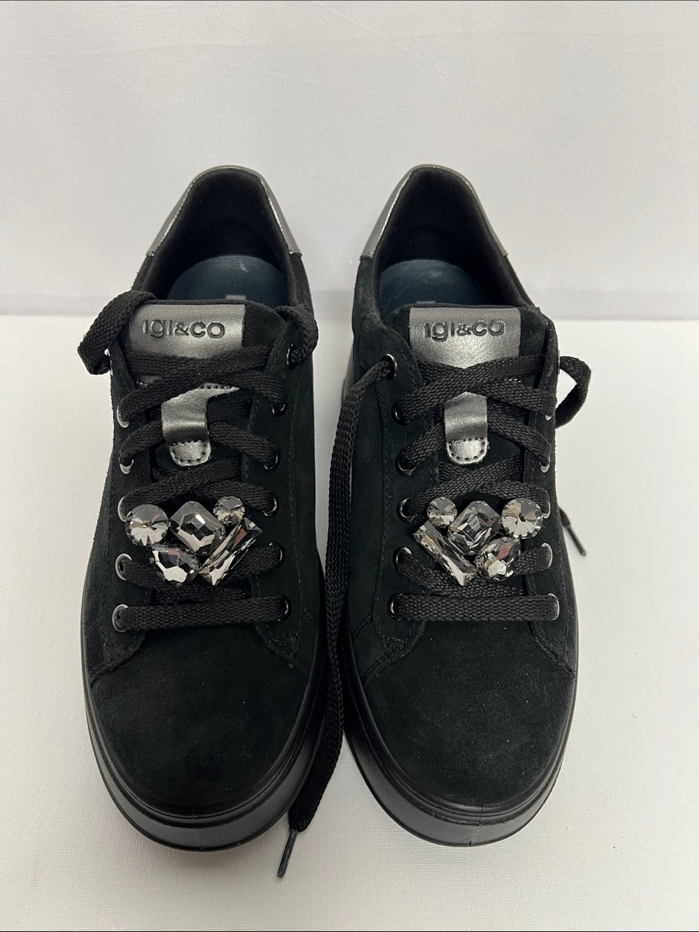 IGI&CO Black Suede Platform Sneakers with Crystal Accents size 8